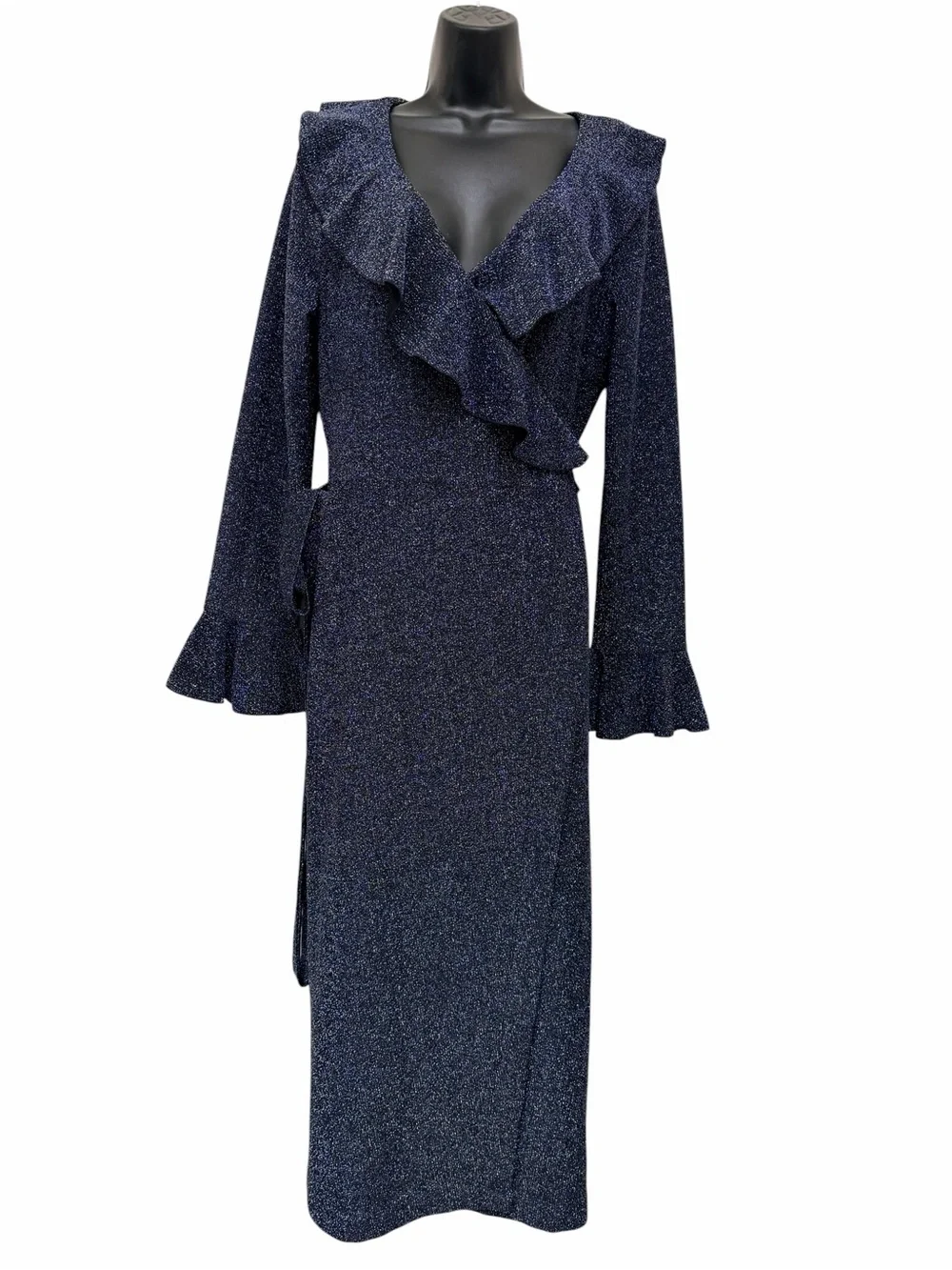 Free People Metallic Wrap Maxi Dress Navy Blue Ruffle Bell Sleeve Large - Picture 2 of 14